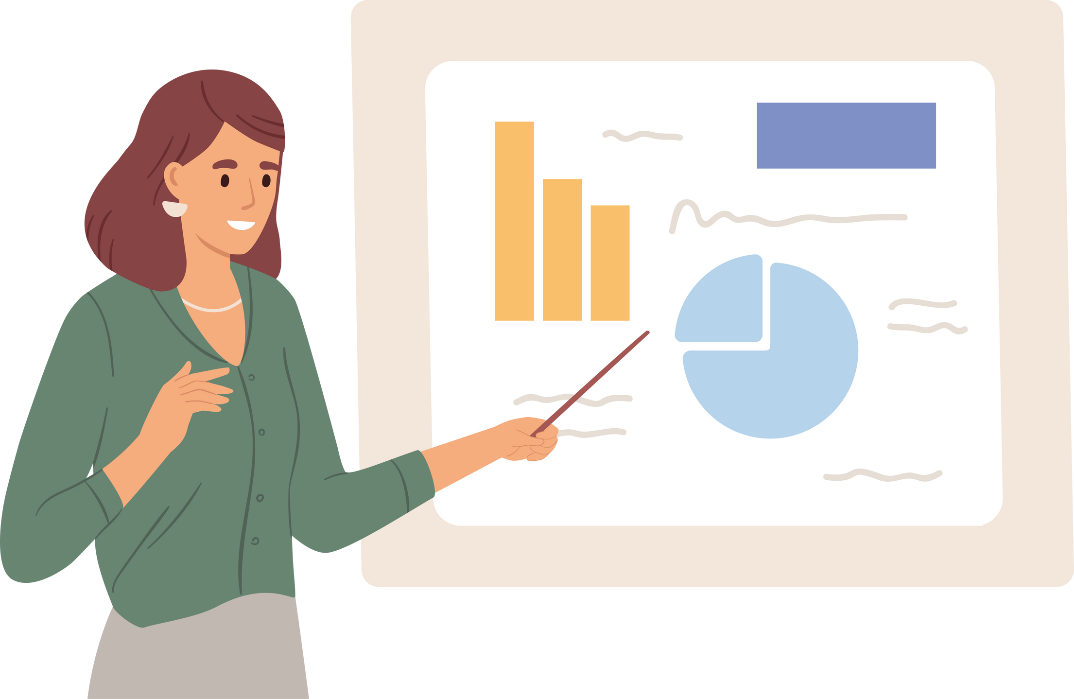 Female speaker pointing at presentation on white board during business seminar. Office worker showing report at whiteboard with pointer. Isolated flat graphic vector illustration of woman at flipchart